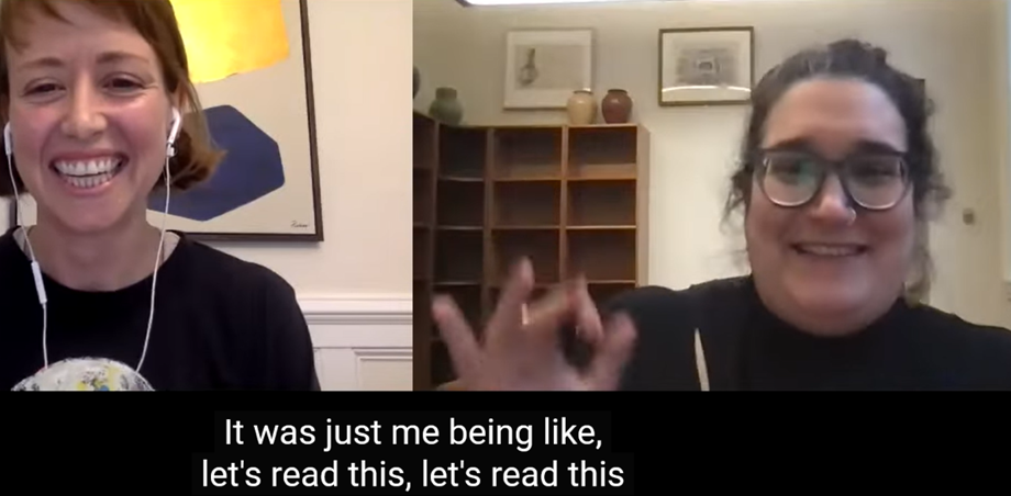Still from a YouTube clip of Laura van den Berg and Carmen Maria Machado enthusiatically discussing ghost stories